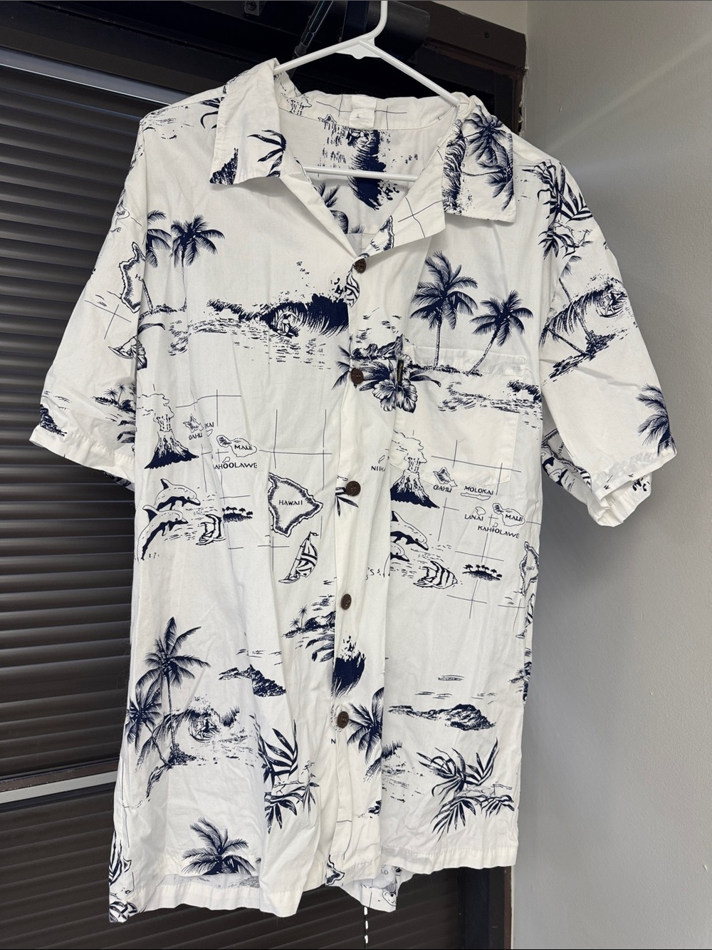 Casual White & Navy Tropical Print Button-Down Shirt